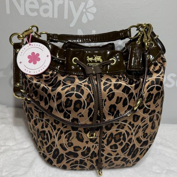 Coach Madison Ocelot OP Art Marielle Patent Leather Trim Bucket Drawstring Bag - Picture 7 of 9